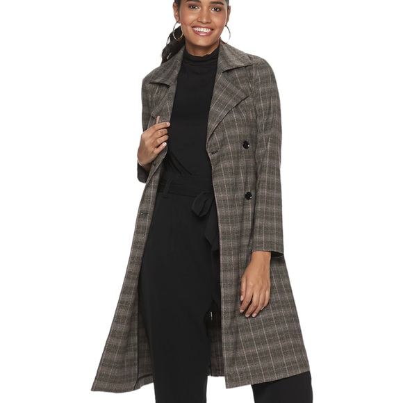 NWOT Jennifer Lopez Gray Plaid Belted Wrap Tie Waist Trench Coat Red Small - Picture 2 of 12